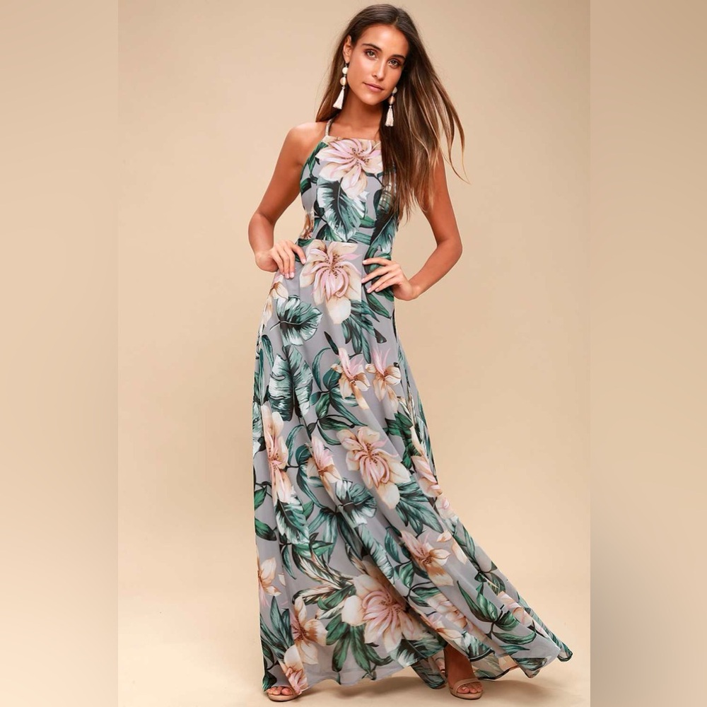 Lulus Love Abloom Grey Green Floral Print Lace-Up Maxi Dress Size M NWT
